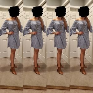 Off-the-shoulder striped blue dress